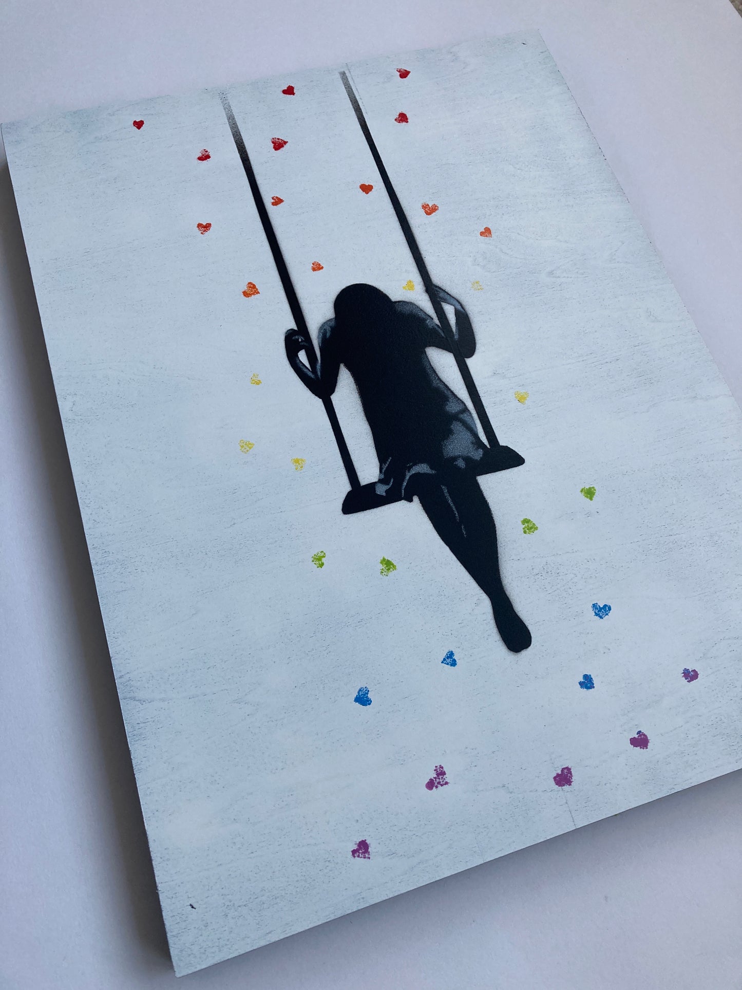 Swinging through Showers of Affection - Rainbow Wood Panel